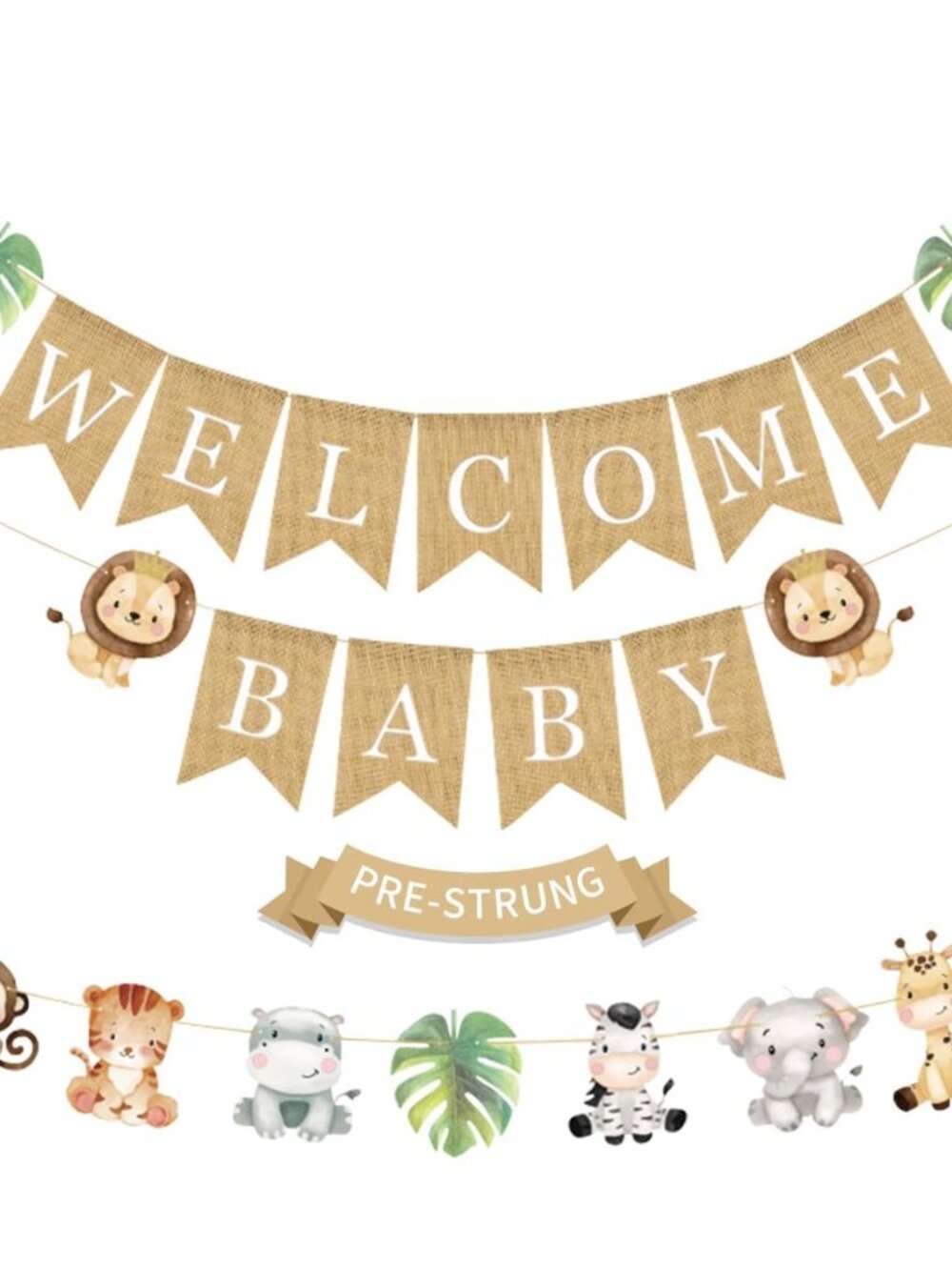 Pre-Strung 6ft Burlap Welcome Baby Banner for Safari Baby Shower Decorations Neu